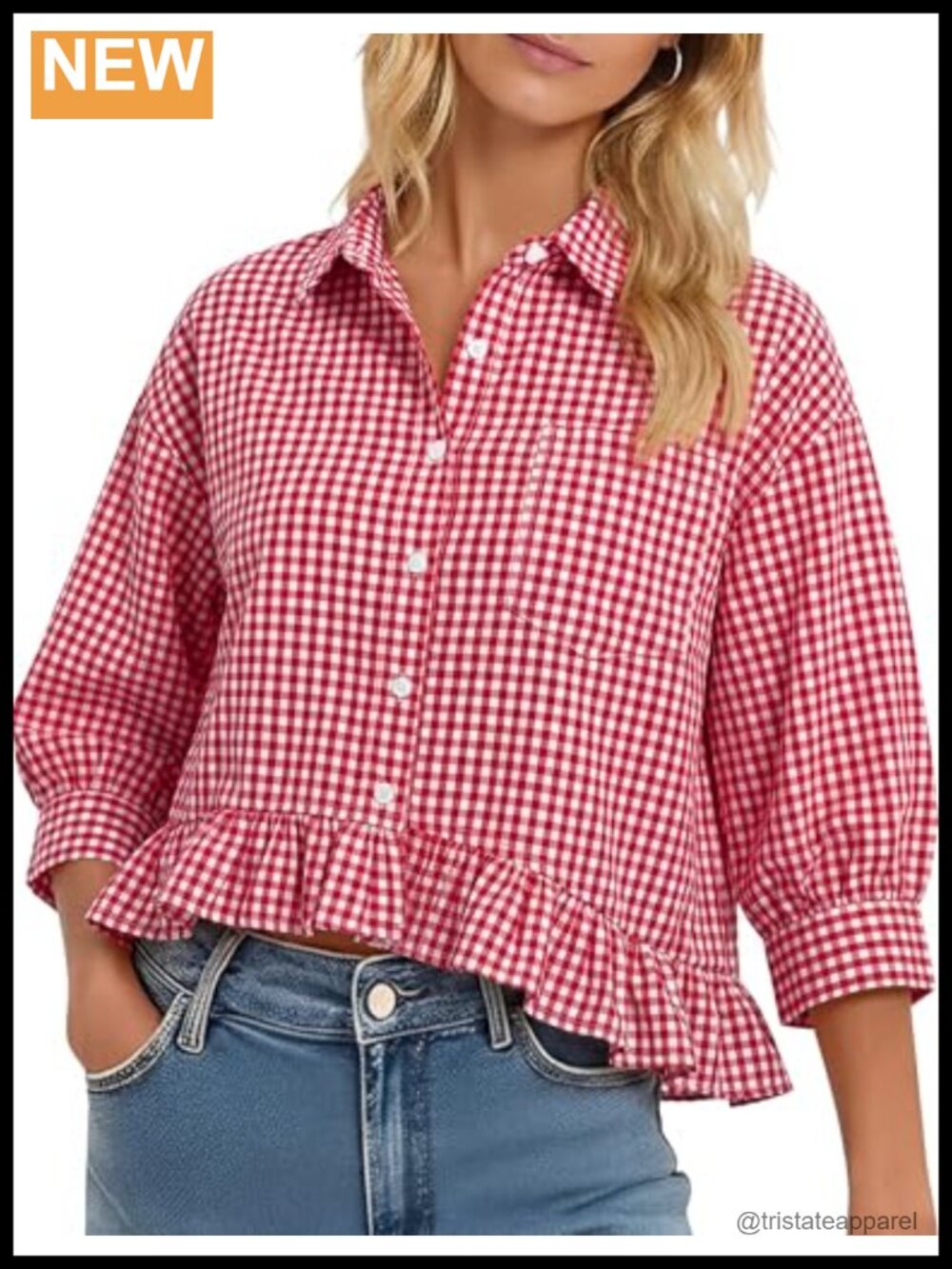 Womens 3/4 Sleeve Button Down Ruffle Blouse Rayon Blend Dressy Casual